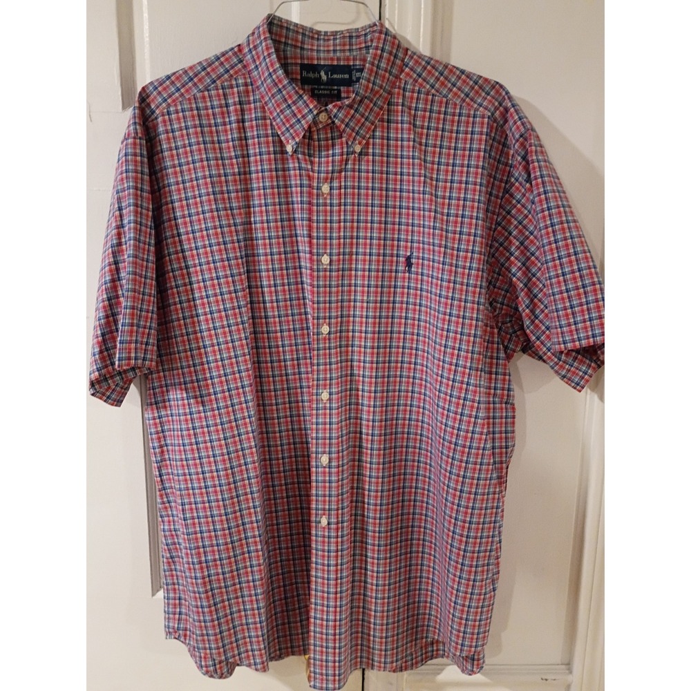 Ralph Lauren Mens XXL Classic Fit Plaid Short Sleeve Button Down Shirt Red Blue